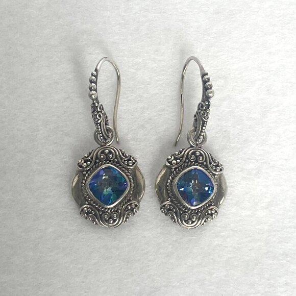 Sarda Sterling Silver 925 Mystic Quartz Bali Scrollwork Dangle Drop Earrings - Picture 3 of 16